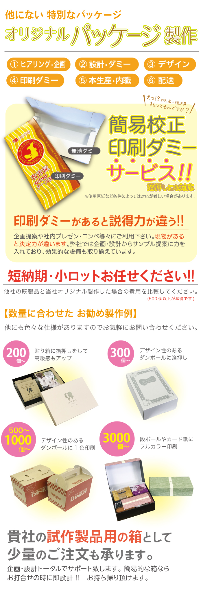 企画・設計、箱・デザインパッケージの無地サンプル、簡易校正、印刷ダミーは無料です。